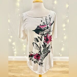 Lane Bryant Abstract Print White Tunic Top with Side Ties Black & Purple Design